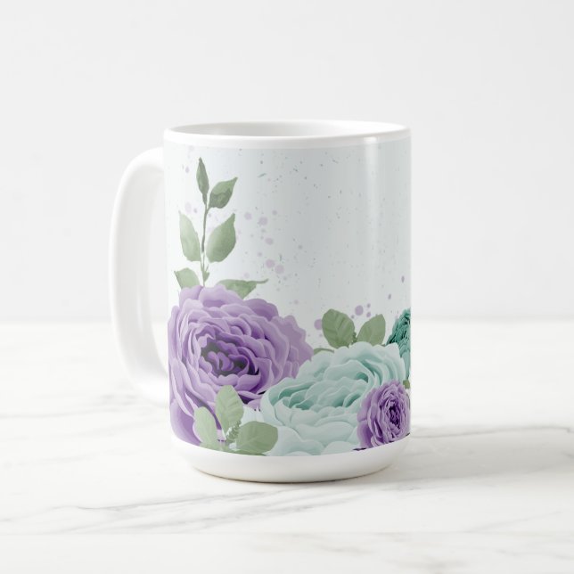 Caneca De Café flores roxas azuis românticas folhagem (Frente Esquerda)