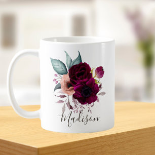 Caneca De Café Flores Roxas Boho Vintage Aquarela Monogramadas