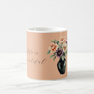 Caneca De Café Flores Roxas de Pêssego Vaso Preto
