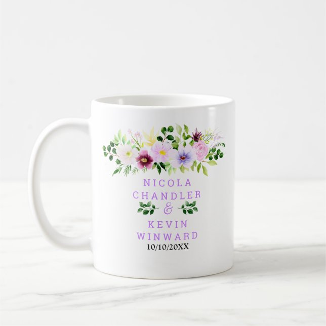 Caneca De Café Flores Roxas de Primavera com Folhagem Casamento (Esquerda)