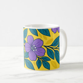 Caneca De Café Flores Roxas & Folhas Azul-turquesa em Fundo Amare