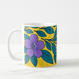 Caneca De Café Flores Roxas & Folhas Azul-turquesa em Fundo Amare
