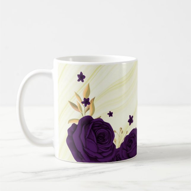 Caneca De Café flores roxas reais folhas douradas mármore (Esquerda)
