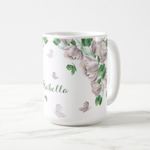 Caneca De Café flores roxas verde borboletas 