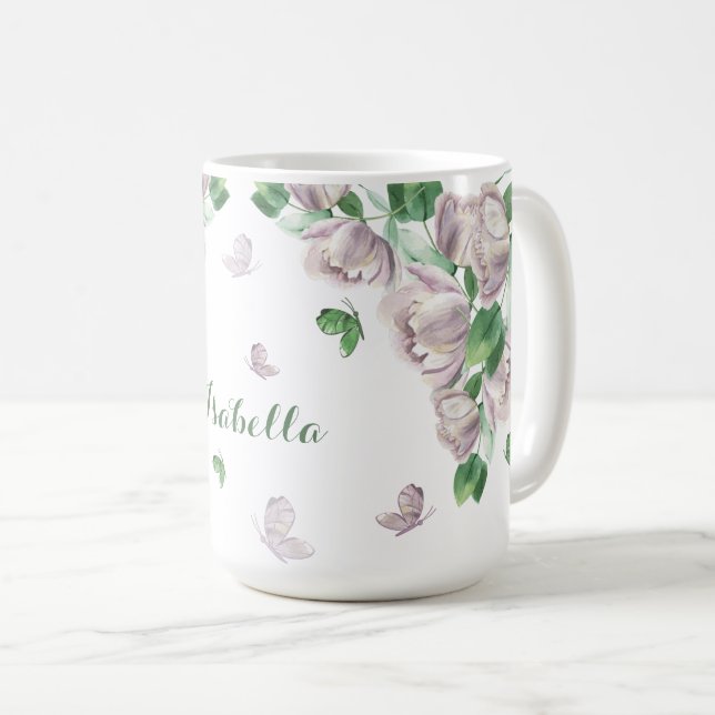 Caneca De Café flores roxas verde borboletas  (Frente Esquerda)