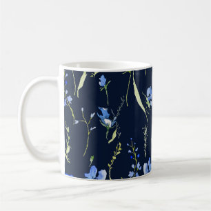 Caneca De Café Flores Rusticas Azuis: Ilustração Botânica.