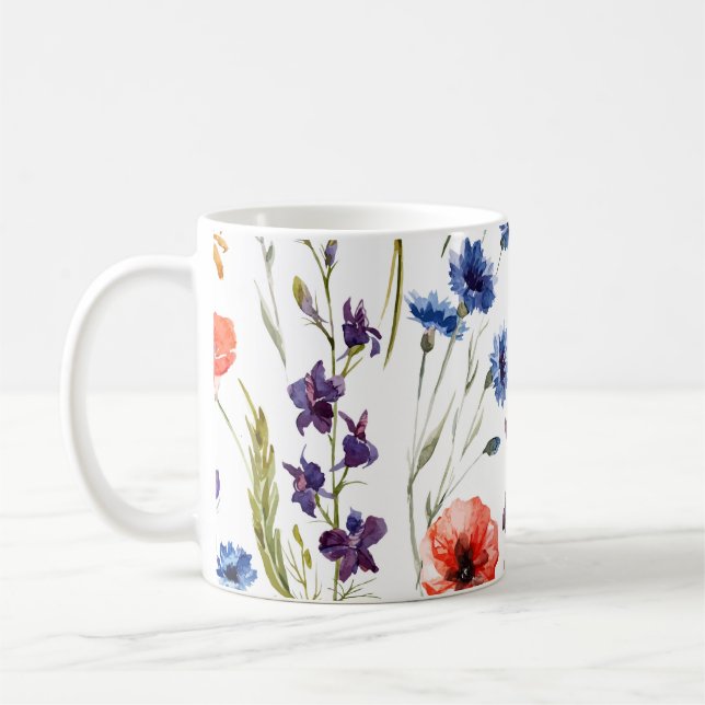 Caneca De Café Flores Selvagens Aquarelas Cachorro Poppy Chamomil (Esquerda)