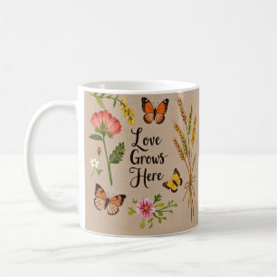 Caneca De Café Flores selvagens boêmicas, borboletas, pedúnculos