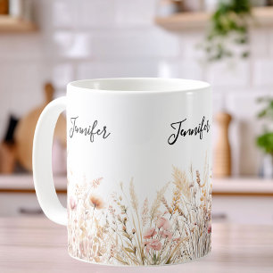 Caneca De Café Flores selvagens nome rosa bege