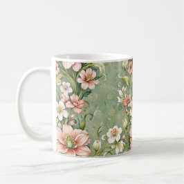 Caneca De Café Flores Serenas Rosa e Brancas sobre Sage