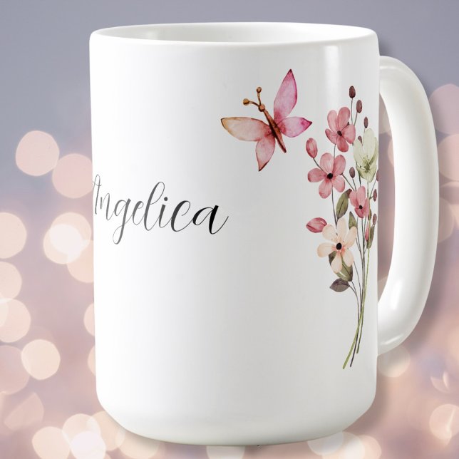 Caneca De Café Flores silvestres românticas, libélula, nome da bo (Criador carregado)