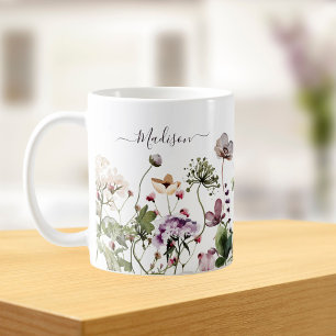 Caneca De Café Flores Silvestres Roxas Aquarela 