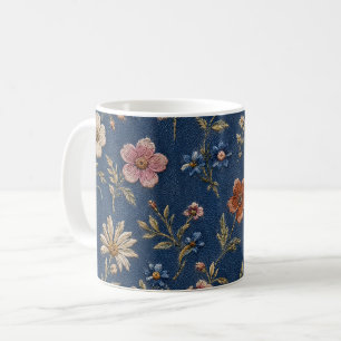 Caneca De Café Flores silvestres simples bordadas em fundo de jea