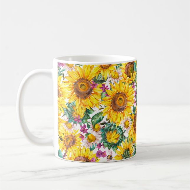 Caneca De Café Flores solares de aquarelas e vindimas de verão, p (Esquerda)