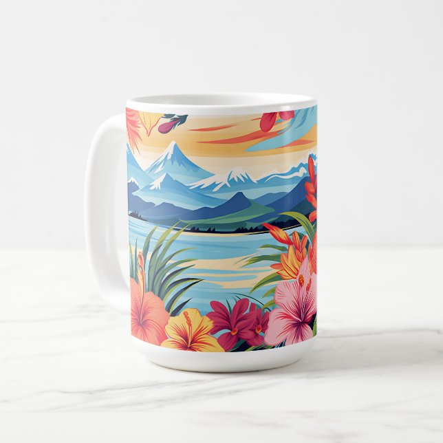 Caneca De Café Flores Tropicais Coloridas e Paisagem (Frente Esquerda)