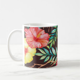 Caneca De Café Flores Tropicais Coloridas Fundo Escuro