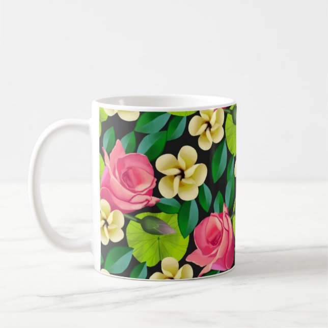 Caneca De Café Flores Tropicais E Padrões De Folhas (Esquerda)