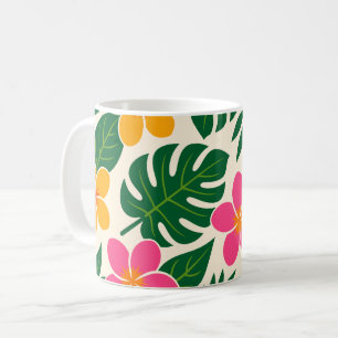 Caneca De Café Flores Tropicais Laranja e Rosa com Folhas Verdes