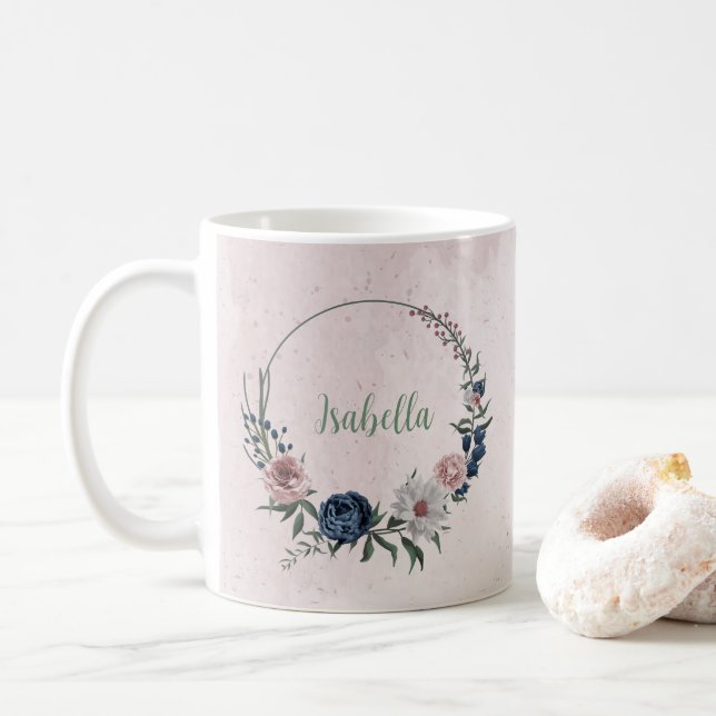Caneca De Café Flores verde folhagem rosa branco marinho romântic (Com Donut)