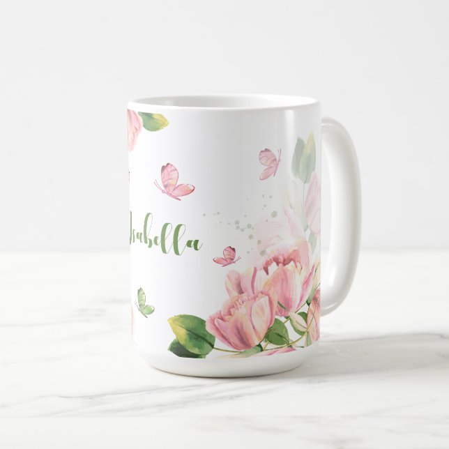 Caneca De Café flores verde rosa quente borboletas  (Frente Esquerda)