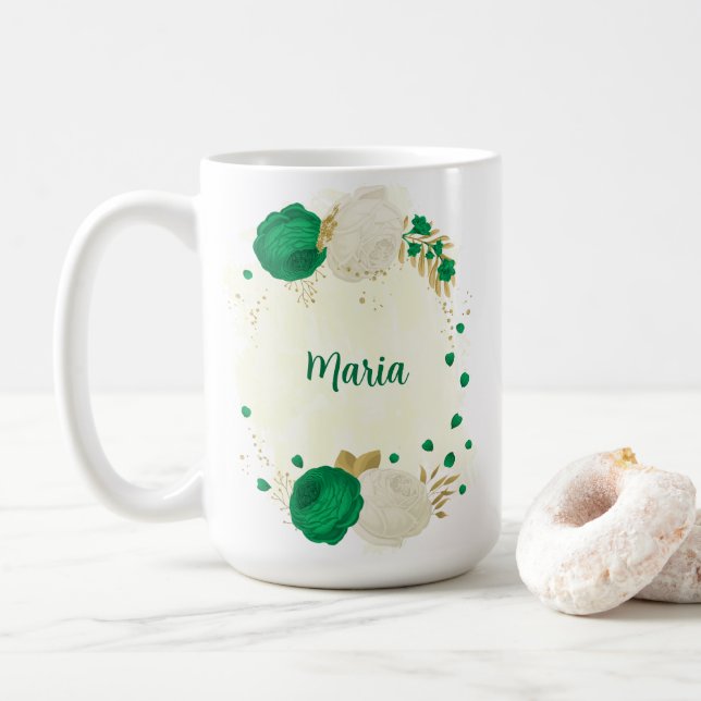 Caneca De Café flores verdes brancas douradas botânicas casamento (Com Donut)