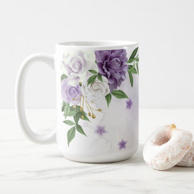 Caneca De Café Flores verdes roxas bonitas (Com Donut)