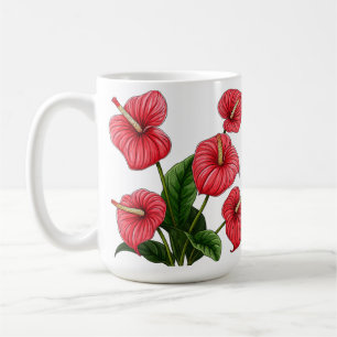 Caneca De Café Flores Vermelhas de Antúrio com Folhas Verdes