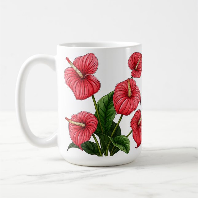 Caneca De Café Flores Vermelhas de Antúrio com Folhas Verdes (Esquerda)