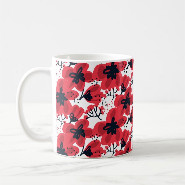 Caneca De Café Flores vermelhas desenhadas à mão abstrato (Esquerda)