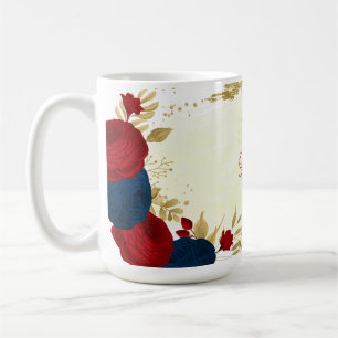 Caneca De Café flores vermelhas e azuis-marinho folhas de ouro ca
