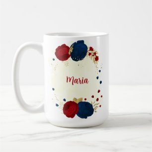 Caneca De Café flores vermelhas e azuis-marinho folhas de ouro ca