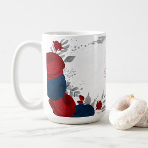 Caneca De Café flores vermelhas e azuis marinho prata botânico ca