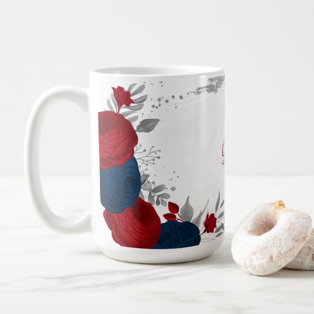 Caneca De Café flores vermelhas e azuis marinho prata botânico ca (Com Donut)