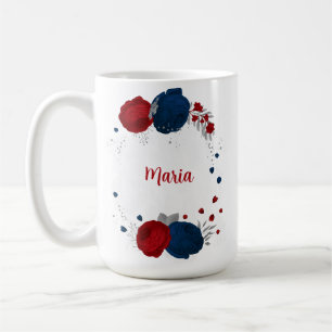 Caneca De Café flores vermelhas e azuis marinho prata casamento b