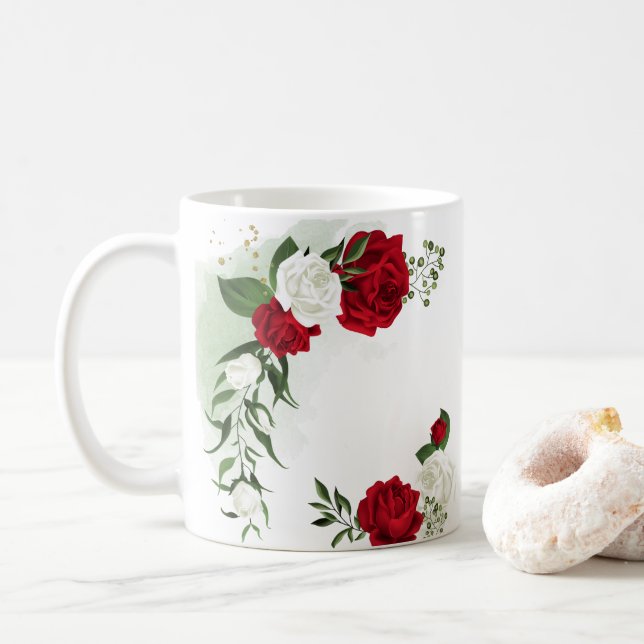 Caneca De Café Flores vermelhas e brancas folhagem botânica (Com Donut)