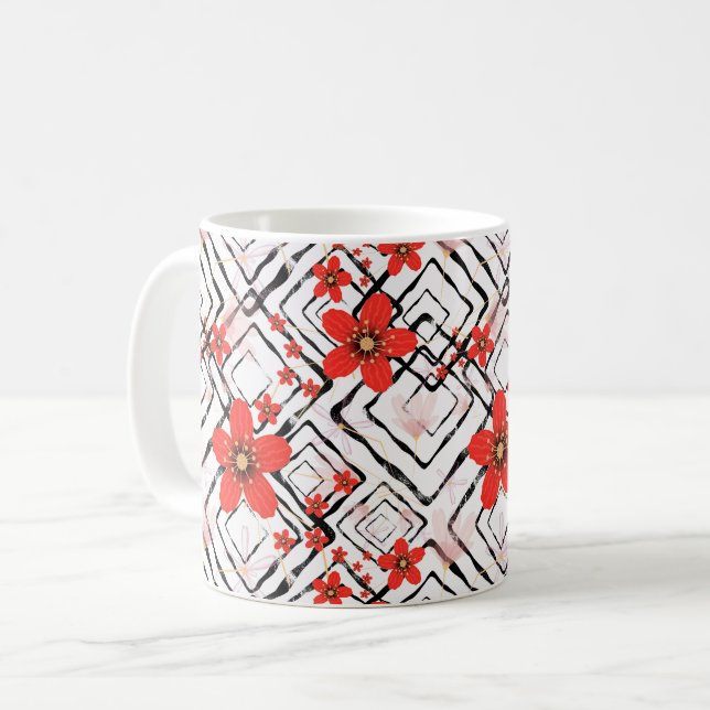 Caneca De Café Flores vermelhas em um fundo branco, preto. (Frente Esquerda)