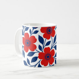 Caneca De Café Flores Vermelhas Ousadas e Folhas Azuis Marinho