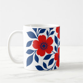 Caneca De Café Flores Vermelhas Ousadas e Folhas Azuis Marinho