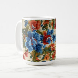 Caneca De Café Flores Vermelhos e Azuis com Folhas Lush Italianas