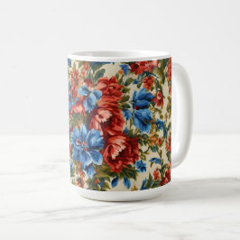 Caneca De Café Flores Vermelhos e Azuis com Folhas Lush Italianas