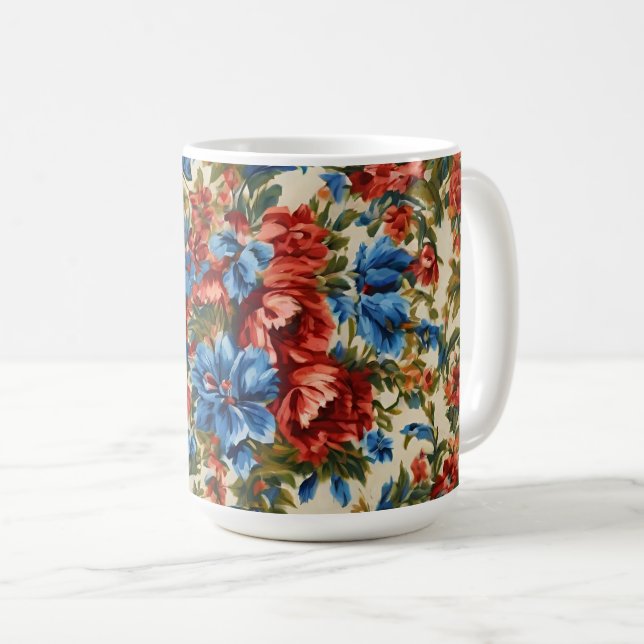 Caneca De Café Flores Vermelhos e Azuis com Folhas Lush Italianas (Frente Esquerda)