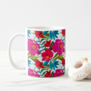 Caneca De Café Flores Vermelhos E Rosa Tropicais Elegantes