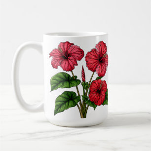 Caneca De Café Flores Vibrantes de Hibisco Vermelho com Folhas Ve