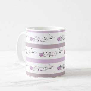 Caneca De Café Flores Vintage padrão listrado branco bege rosa
