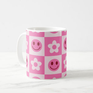 Caneca De Café Flores Xadrez e Rostos Felizes Rosa 