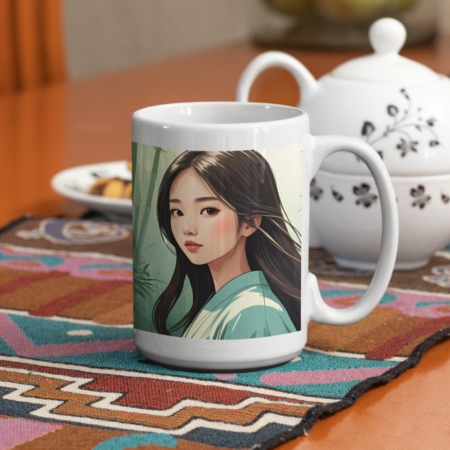 Caneca De Café Floresta de Bambu com Mulher Asiática (Criador carregado)