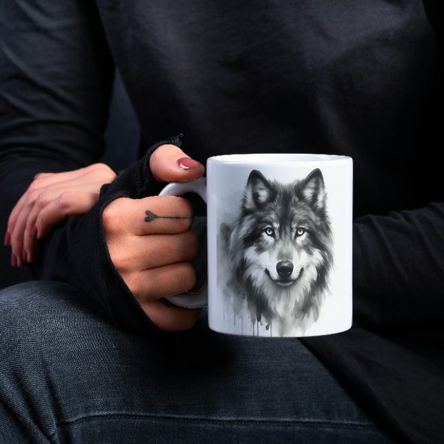 Caneca De Café Floresta de Cinza Majestosa Wolf Stunning Watercol (Criador carregado)