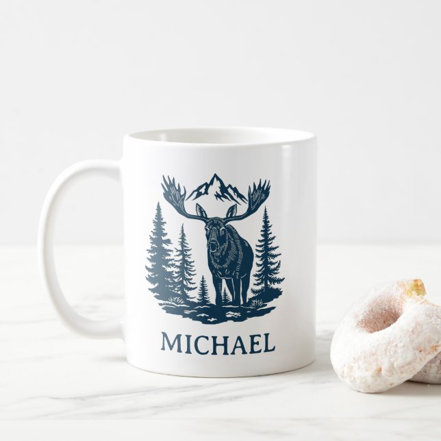 Caneca De Café Floresta de Inverno Alce Personalizado   (Com Donut)