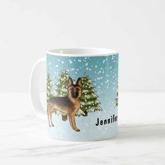 Caneca De Café Floresta De Inverno De Cachorro Negro E German she (Frente Esquerda)