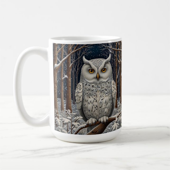 Caneca De Café Floresta de inverno de coruja branca Elegante (Esquerda)